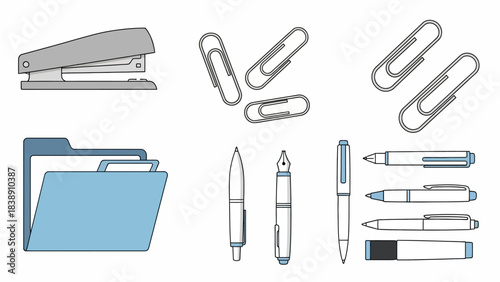 Office Essentials Stapler, Clips, Pens, and Folders for Organized Workspaces