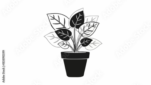 Stylized monochrome illustration of a minimalist houseplant in a decorative pot, perfect for modern interior design concepts or botanical graphic assets