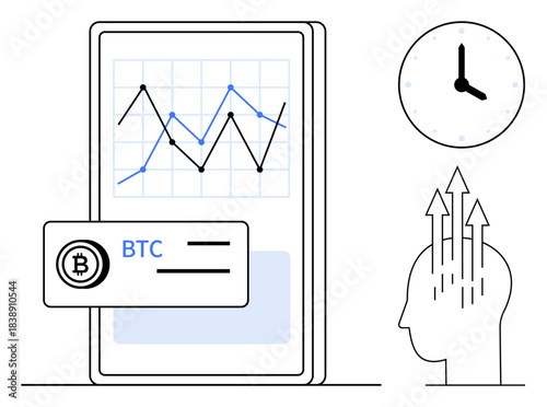 Bitcoin trading. Bitcoin featured with a smartphone displaying price trends, growth chart, and human innovation concept. Bitcoin technology for trading, finance, analysis, innovation, and blockchain
