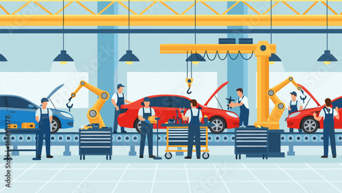 Detailed description of a modern car manufacturing assembly line with workers and robotic arms.