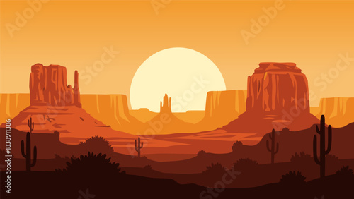 Vibrant desert landscape at sunset with large rock formations and cacti under a warm orange sky.