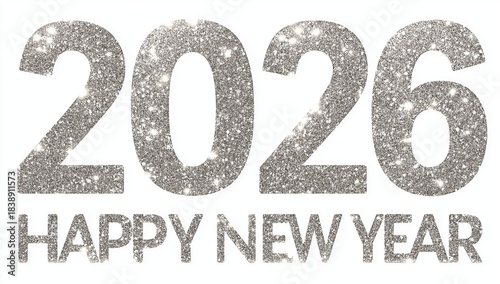 2026, silver text, minimalistic design with glitter and sparkles on a white background, text 