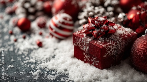 Festive Christmas scene with red decorations and a gift box on snowy bokeh, creating a warm holiday frame for cheerful greetings and a bright winter celebration theme.