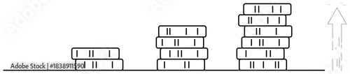Financial success, economic growth, investment, saving strategies, revenue increase, progress. Stacked coins increasing in height with an upward arrow. Financial success and economic growth concept