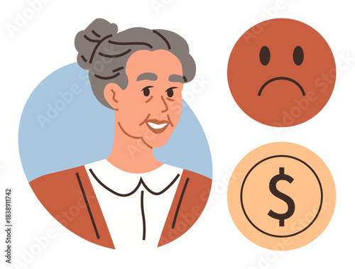 Elderly woman with gray hair in a bun, sad face icon, and dollar sign icon highlighting financial concerns. Ideal for retirement, money issues, aging, emotions, budgeting, elderly care concern