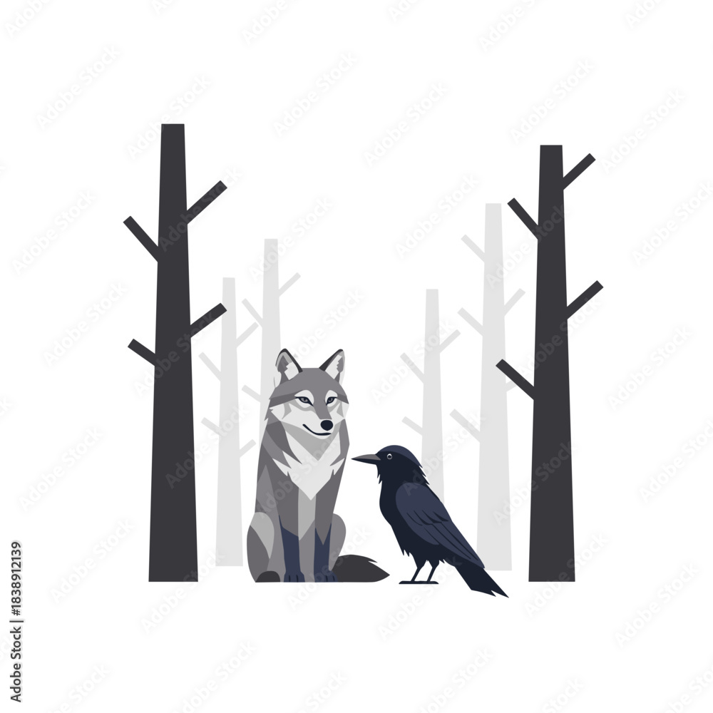 Fototapeta premium Wolf and raven sitting quietly in a winter forest scene