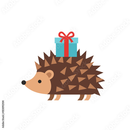 Hedgehog carrying a small gift on its spines in a playful style
