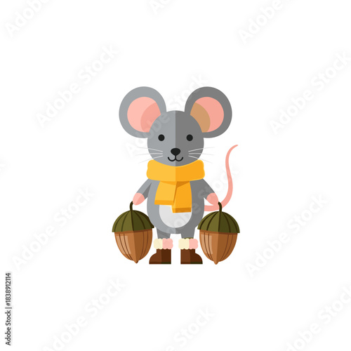 Mouse wearing acorn caps as warm boots and holding acorns outdoors  
