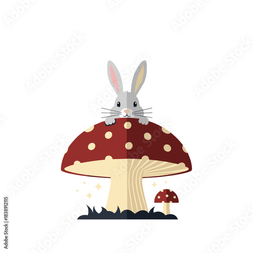 Rabbit peeking from behind a large glowing mushroom in winter forest  