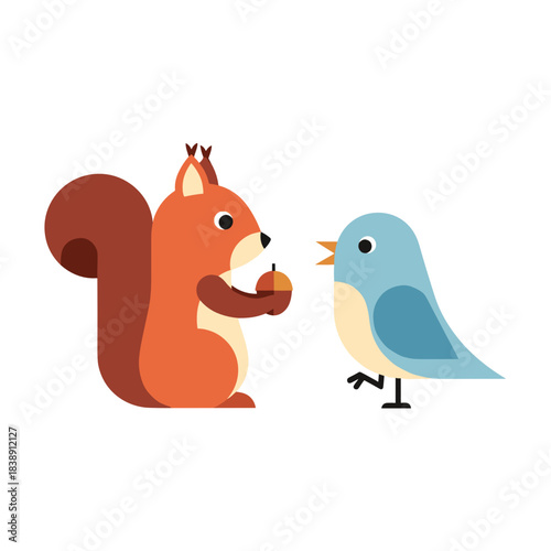 Squirrel giving nut to bird in a playful interaction - Concept of Winter forest animals  