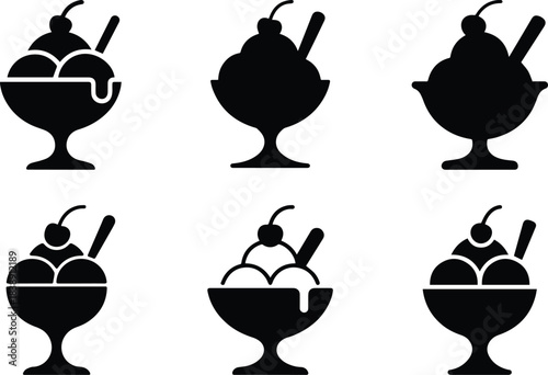 Set of Minimalist black ice cream sundae dessert bowl silhouette vector icon