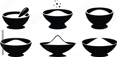 Set of Minimalist black salt cellar bowl seasoning silhouette vector icon