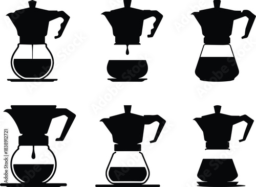 Set of Minimalist black drip coffee pot carafe silhouette vector icon