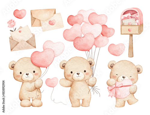 Watercolor Illustration Set of Teddy Bears and Valentine Elements