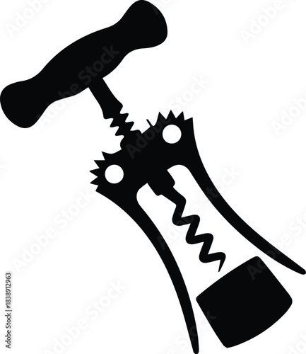 Minimalist black wine bottle corkscrew opener silhouette vector icon