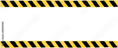 Yellow caution tape border shaped as road line featuring warning paintbrush rough pastel crayon pattern mixed with charcoal wax squiggle texture perfect for school chalkboard kindergarten graphics.