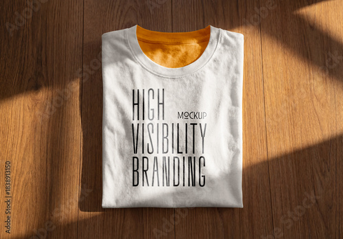 Template Mockup Folded T-Shirt Branding Presentation on Wooden Background