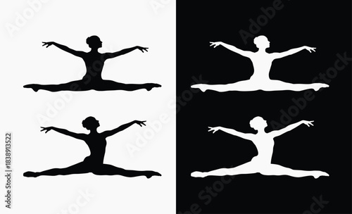 Four silhouettes of a ballerina in a split leap pose against contrasting backgrounds