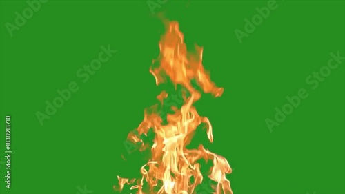Vibrant orange flame flares up against a green screen background, showing dynamic and natural fire motion for compositing