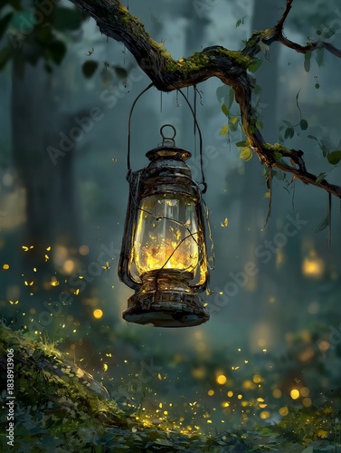 Old iron lantern hanging from a twisted branch glowing with warm golden light, surrounded by fireflies in a dark mossy forest with mist and moonlight creating a magical soft atmosphere.