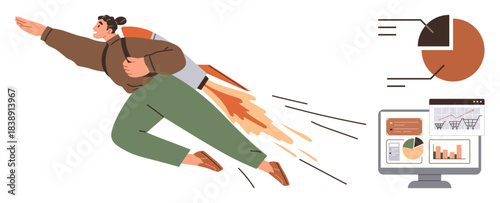 Person with rocket backpack soaring forward, chart elements, and desktop analytics. Ideal for growth, innovation, technology, motivation, success business leadership themes. Simple flat metaphor