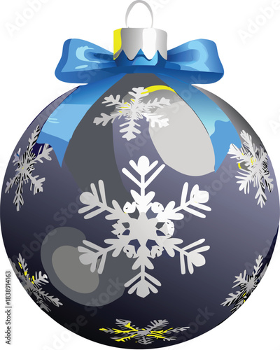 Blue Christmas ball globe illustration with gold snowflake decoration and ribbon sign vector