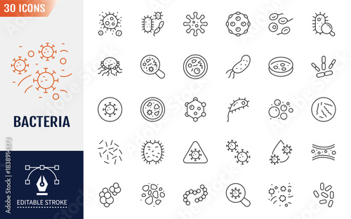 Bacteria icon set. Bacteria, Microbe, Virus, Colony of Bacteria, Petri Dish and more. Editable stroke. Vector illustration
