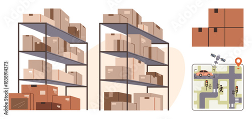 Stacked storage racks filled with carton boxes, delivery map with navigation details, and a car en route. Ideal for supply chain, logistics, transportation, inventory, delivery planning, mobility