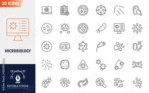 Microbiology icon set. Editable stroke. Vector illustration