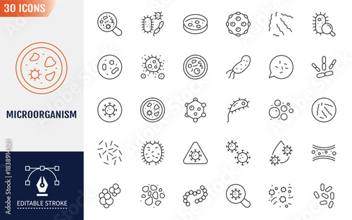 Microorganism icon set. Editable stroke. Vector illustration