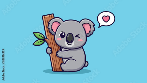 Adorable cartoon koala hugging a tree branch winking with a heart speech bubble.