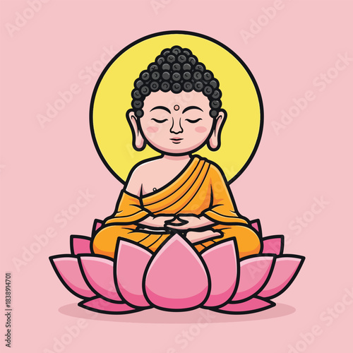 Cartoon Buddha meditating on pink lotus flower with yellow halo serene spiritual illustration.