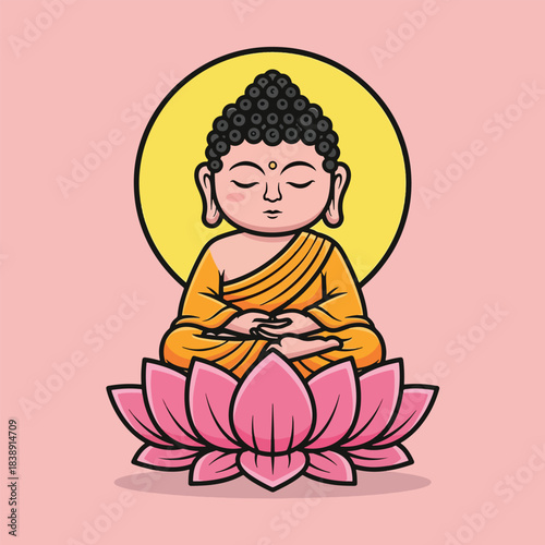 Cartoon Buddha Meditating on Pink Lotus Flower with Yellow Halo.