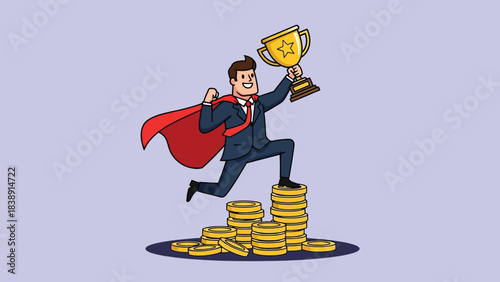 Cartoon Businessman Superhero with Red Cape Holding Golden Trophy Standing on Stack of Gold Coins.