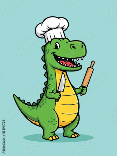 Cartoon Green Dinosaur Chef Holding Knife and Rolling Pin.