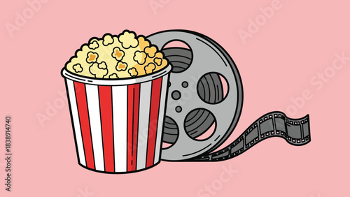 Cartoon Popcorn Bucket and Film Reel Illustration for Cinema.