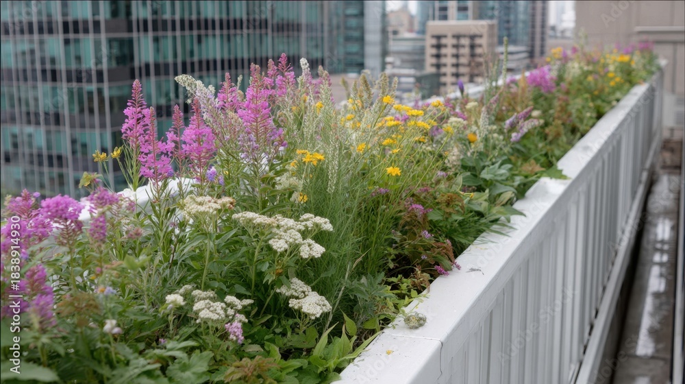 Fototapeta premium Colorful urban rooftop garden with vibrant wildflowers overlooking cityscape