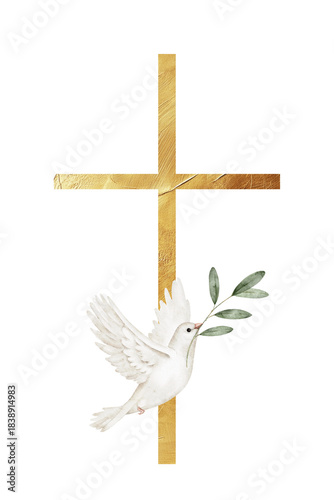 Gold cross with a white dove holding olive branch, wings extended, watercolor style, symbolizing faith, hope, and peace, religious event, sympathy card, church announcement, or Easter design project.