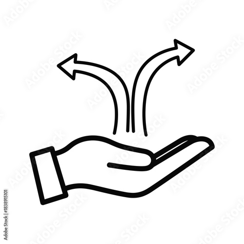 Hand holding two diverging arrows showing choice, decision, direction, and opportunity isolated on