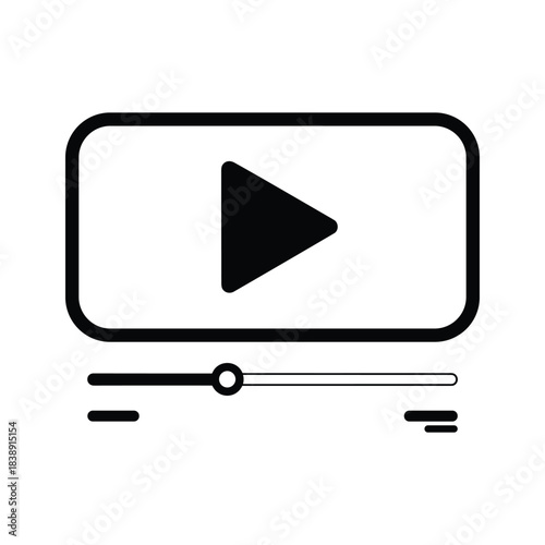 Black and white line icon representing a video player interface with a play button and progress bar, isolated on