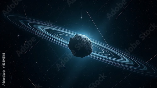 A lone glowing interstellar rock drifting through a starfield with unusual trajectory lines, suggesting cosmic motion.