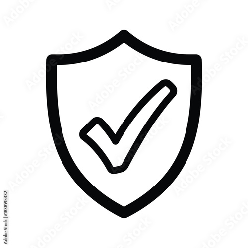 Outline icon of a shield with a check mark inside, symbolizing security, guarantee, or protection, isolated on