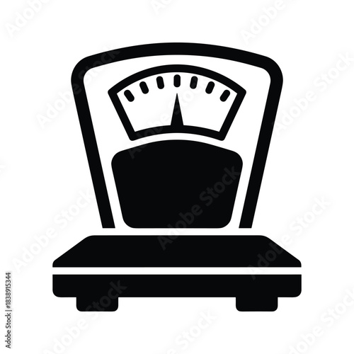 Black and white icon graphic of a bathroom scale with a pointer indicating weight measurement, isolated on