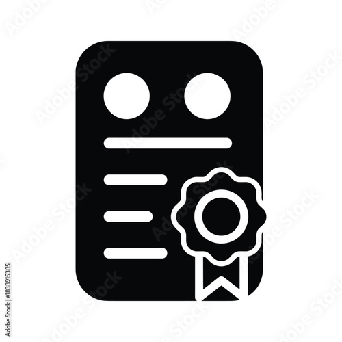 Black and white icon representing a certificate or diploma with a seal and ribbon, perfect for achievement or award concepts
