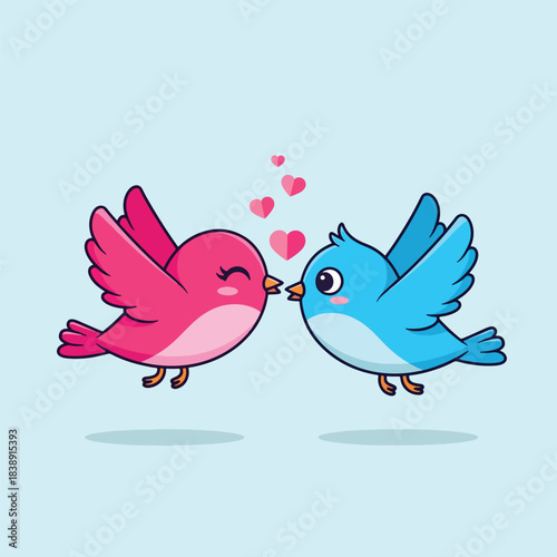 Cute Cartoon Pink and Blue Birds Kissing with Hearts.