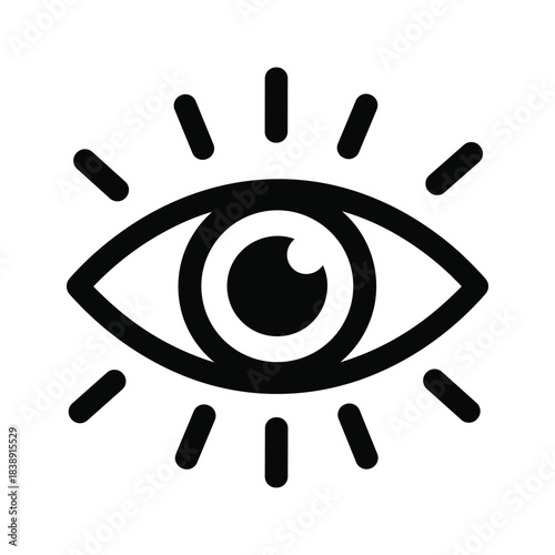 Simple black and white icon of a stylized human eye radiating light, isolated on