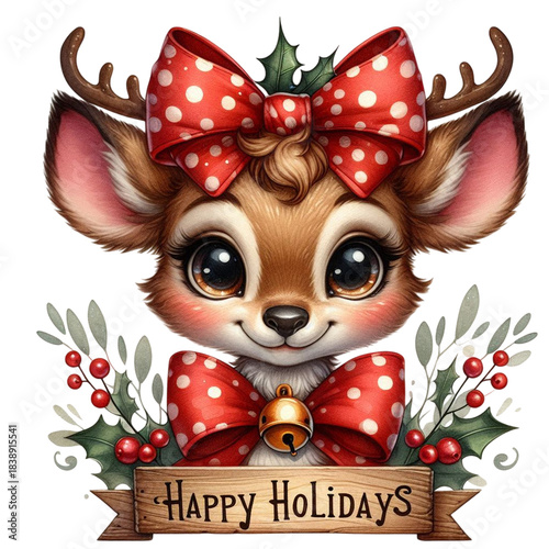 An image of cute christmas reindeer with red scarf.. The scene includes deer, playful, white, adorable, drawing, gift, red, clip