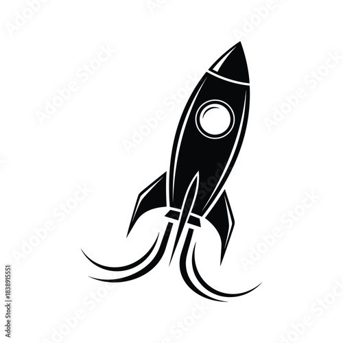 Black and white stylized illustration of a retro rocket ship taking off, isolated on