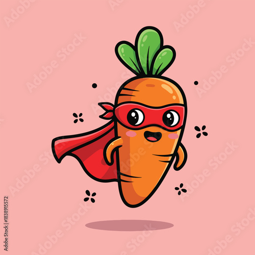 Cute Cartoon Superhero Carrot Flying with Red Mask and Cape.