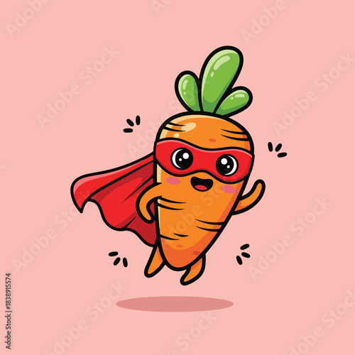 Cute Cartoon Superhero Carrot Flying with a Red Cape and Mask.
